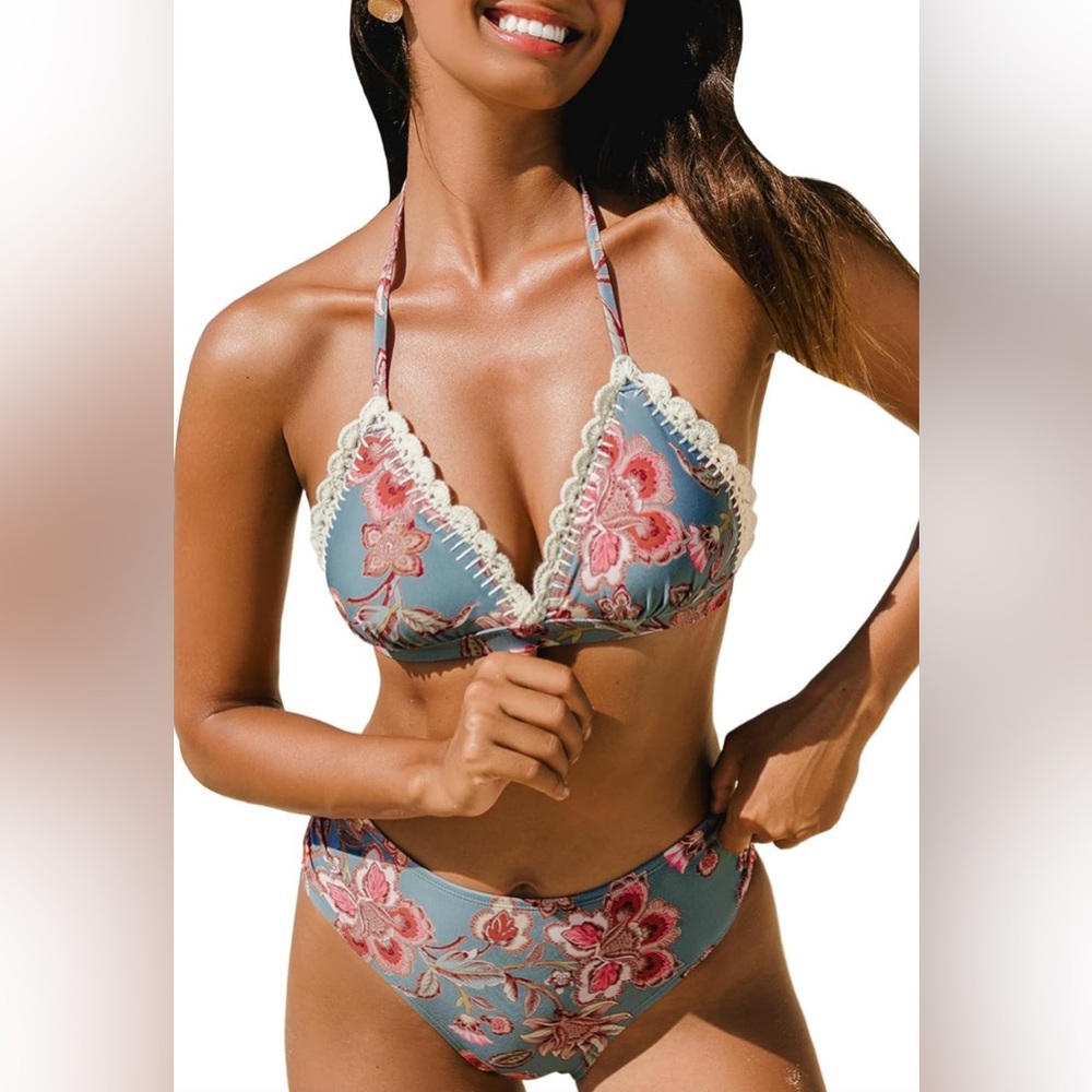 Women's Bikini Two Piece Swimsuit Halter Triangle Top Scalloped Crochet XL